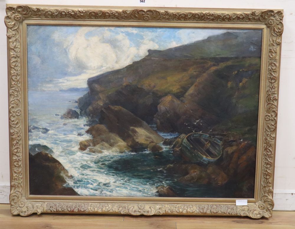 Alfred Swatkins (Exh.1888-1923) oil on canvas, Coastal landscape with fishing boat, signed, a harvest scene sketch verso, 75 x 100cm